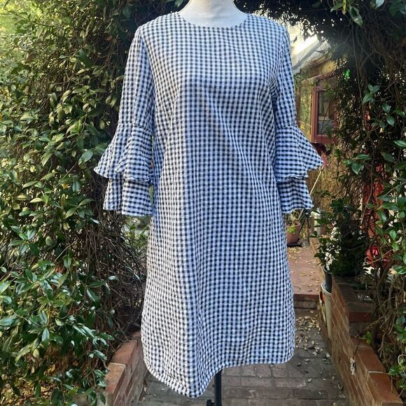 BEACH LUNCH LOUNGE GINGHAM RUFFLE 3/4 SLEEVE MIDI DRESS MEDIUM - Picture 12 of 15